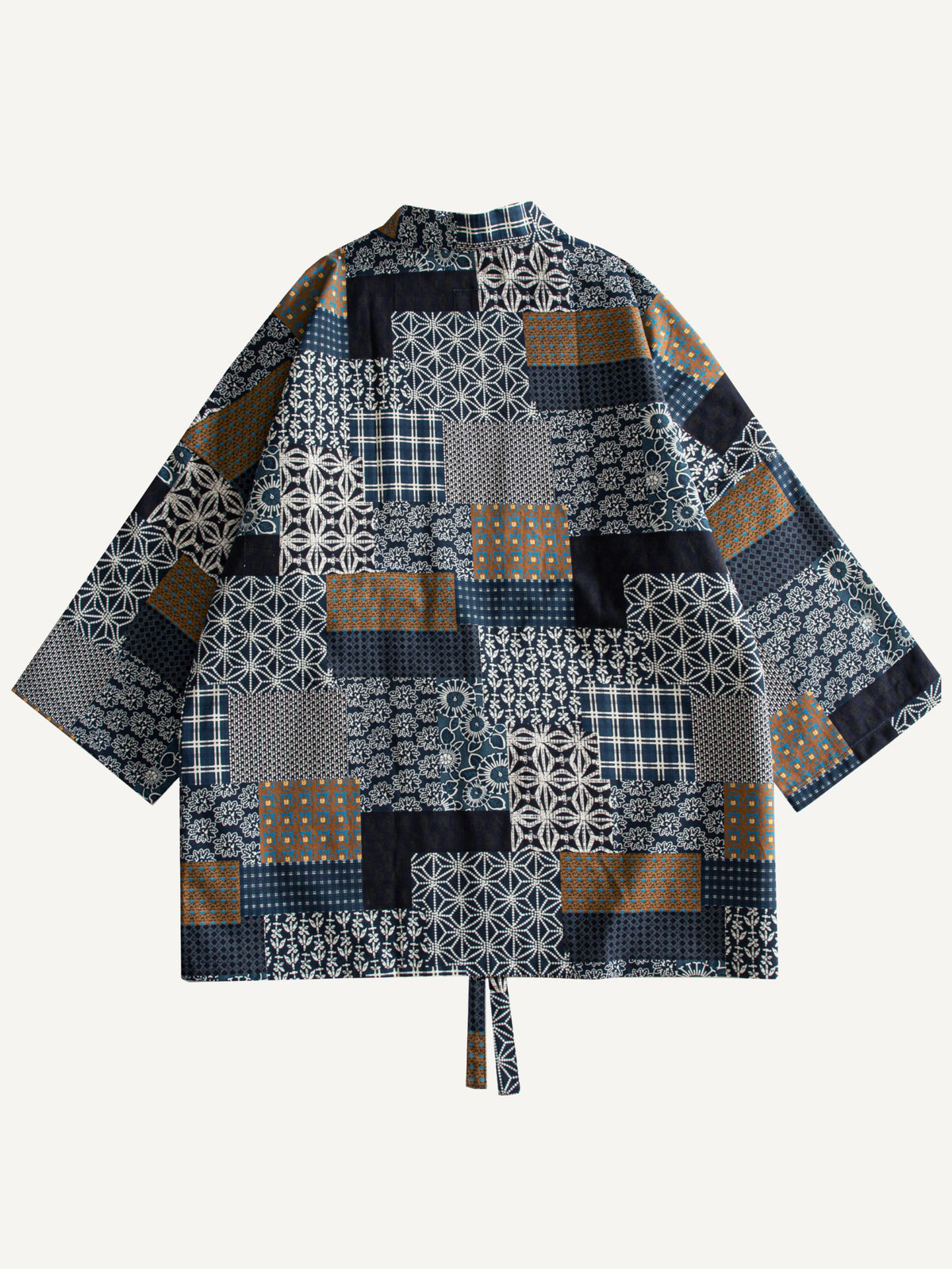 Back flat lay view of Indigo Asanoha Patchwork Haori Jacket displaying allover traditional Japanese patchwork design
