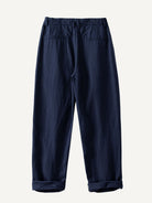 Back flat lay view of OROMEN Pleated Relaxed Fit Linen Trousers in Navy