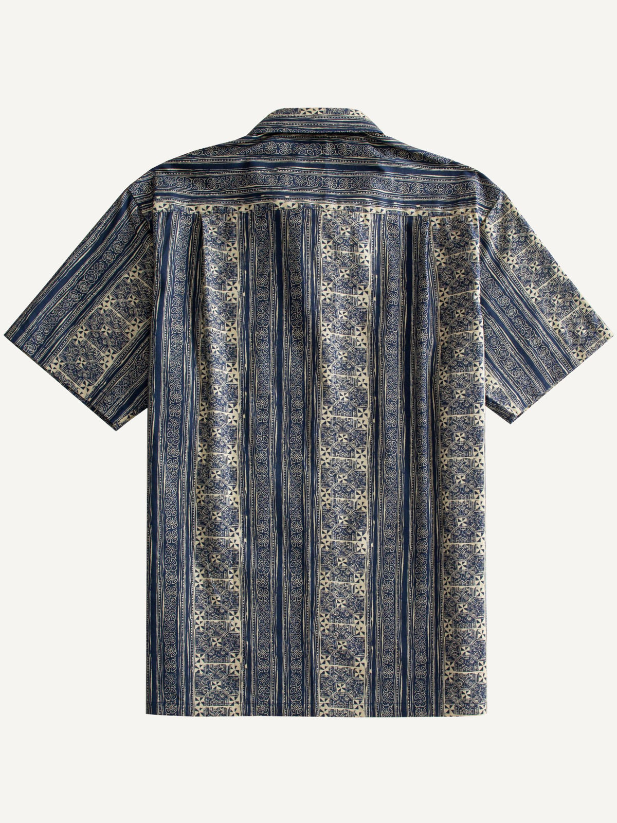Back flat lay view showing vertical batik stripes of OROMEN Indigo Batik Shirt