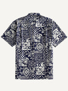 Back flat lay view with stencil patchwork print and box pleat of OROMEN Indigo Katazome Shirt