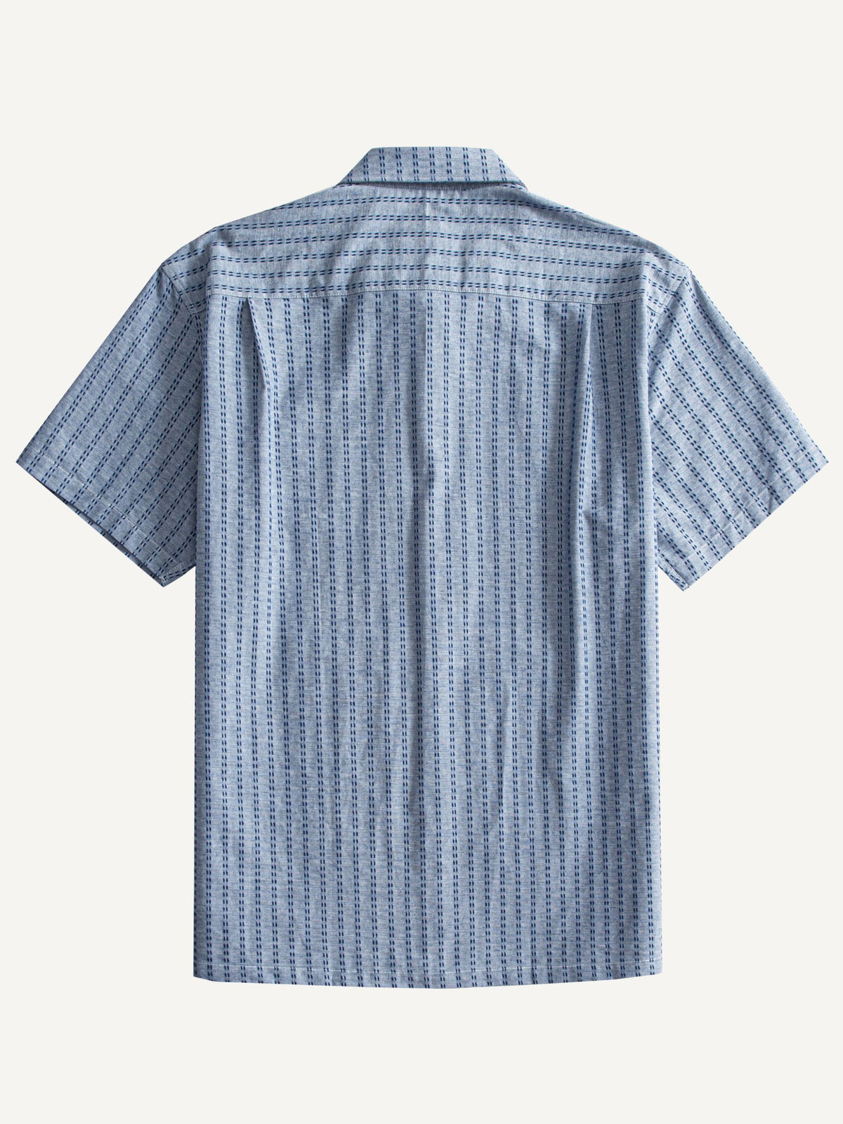 Back flat lay view with vertical sashiko stripes and box pleat of OROMEN Sashiko Chambray Cotton Shirt