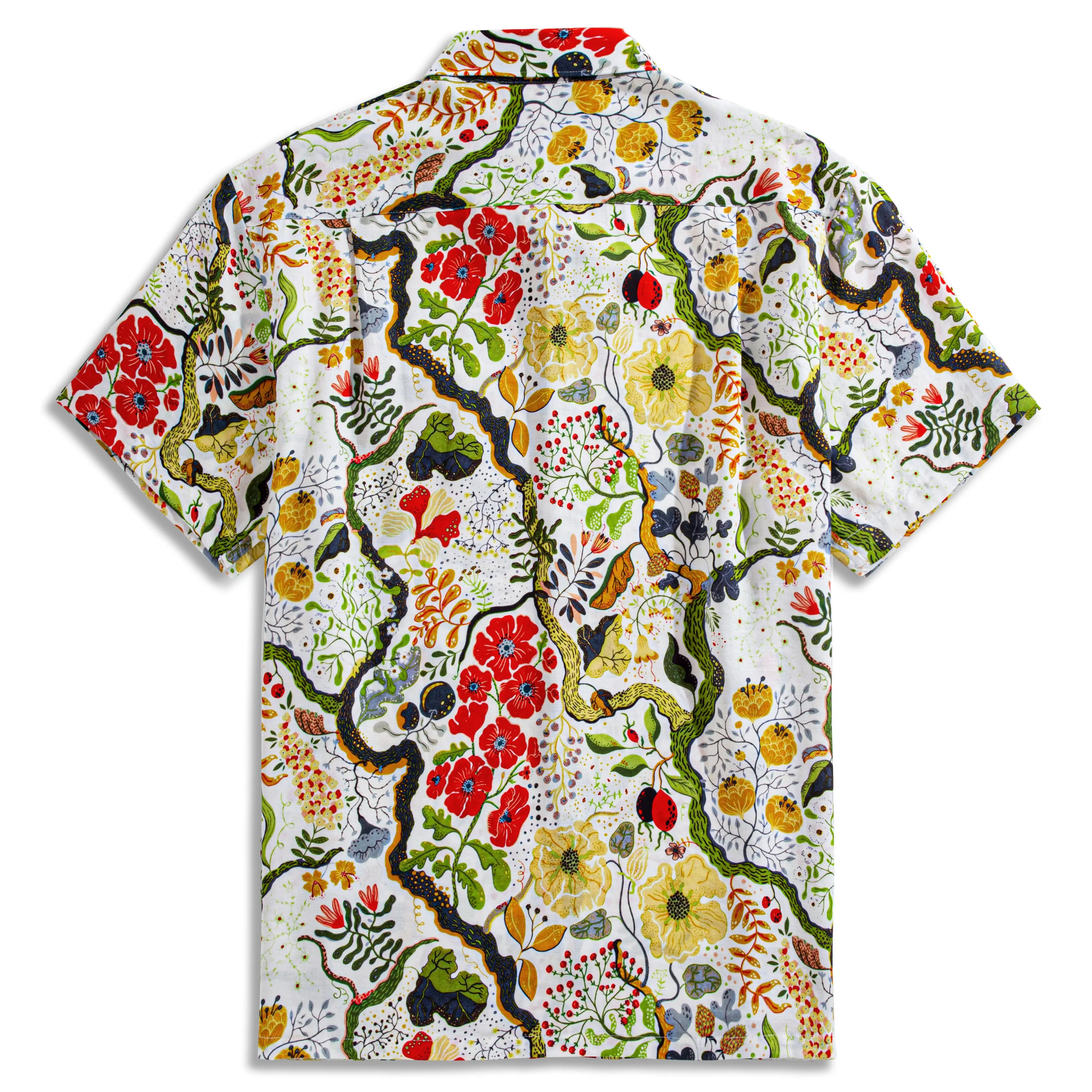 Back view of Germination botanical shirt showing box pleat and hand-painted nature design