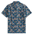 Back view of Honeysuckle Vines aloha shirt showing box pleat and golden botanical artwork