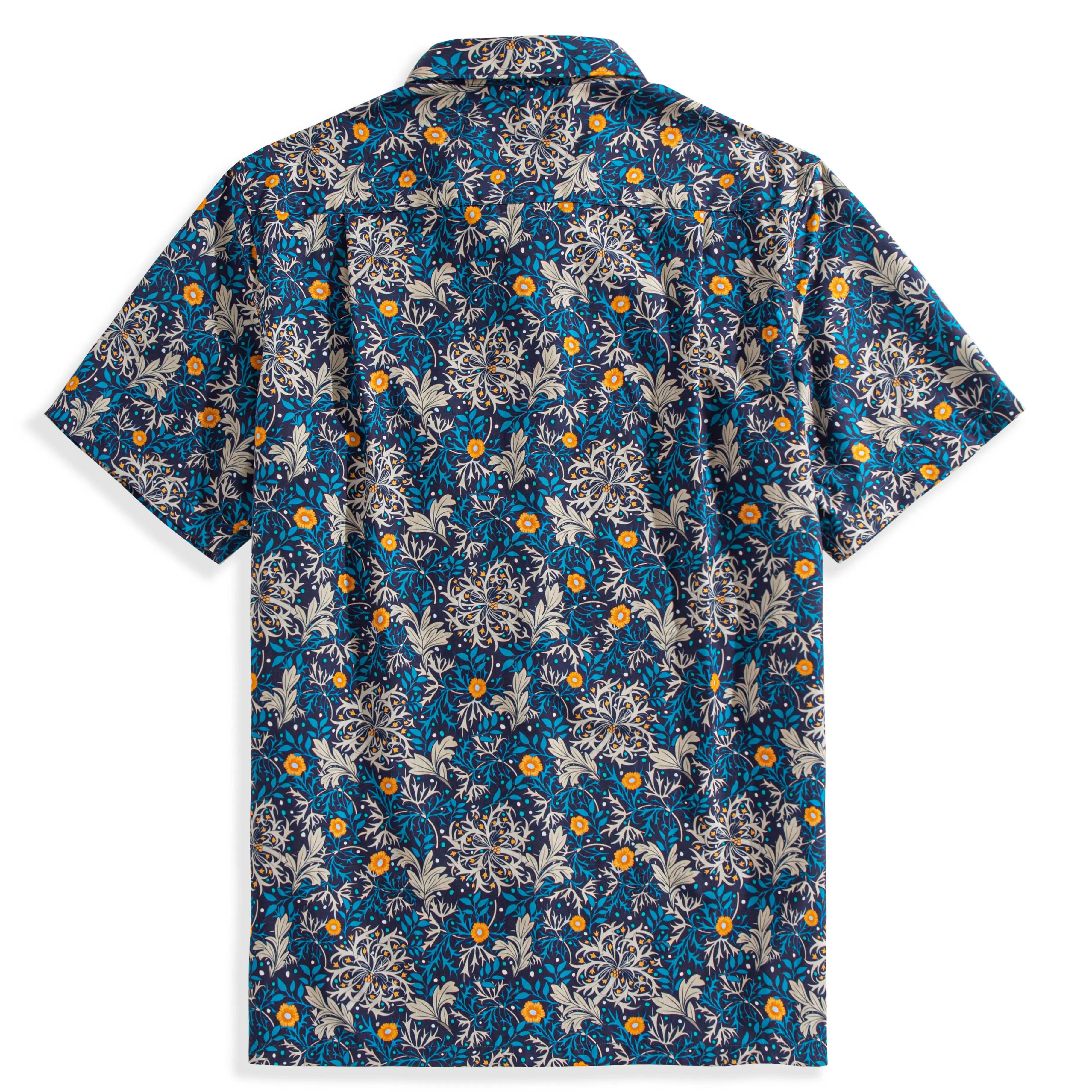 Back view of Honeysuckle Vines aloha shirt showing box pleat and golden botanical artwork