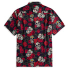 Back view of OROMEN Bloom And Death Hawaiian shirt – full sugar skull and red rose print on black background