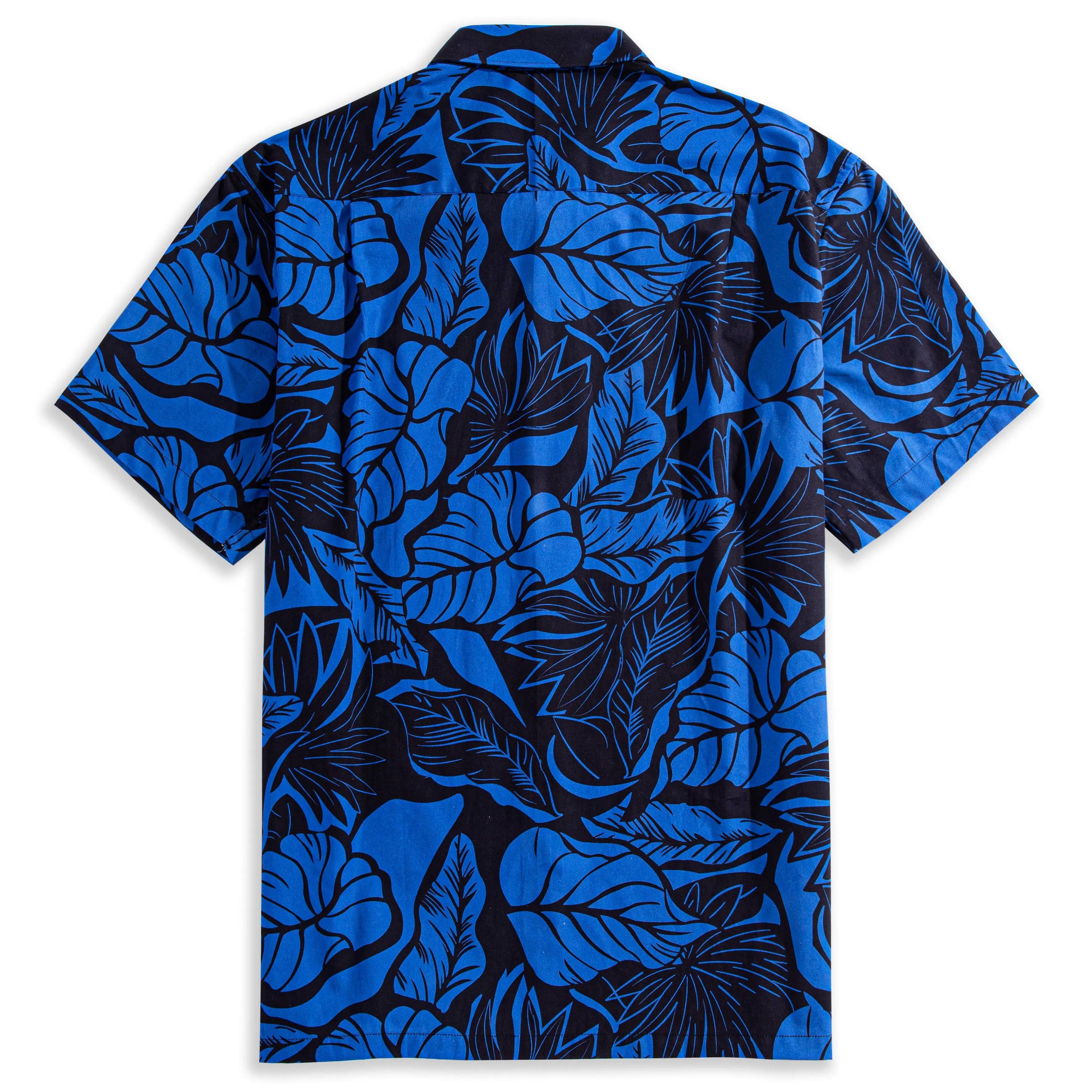 Back view of OROMEN Blue Bush Hawaiian shirt – full tropical leaf print in navy blue