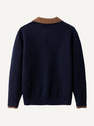 Back view of OROMEN Contrast Collar Knit Polo Sweater in deep navy