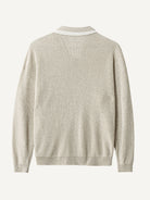 Back view of OROMEN Contrast Polo Collar Sweater Cardigan in oatmeal heather
