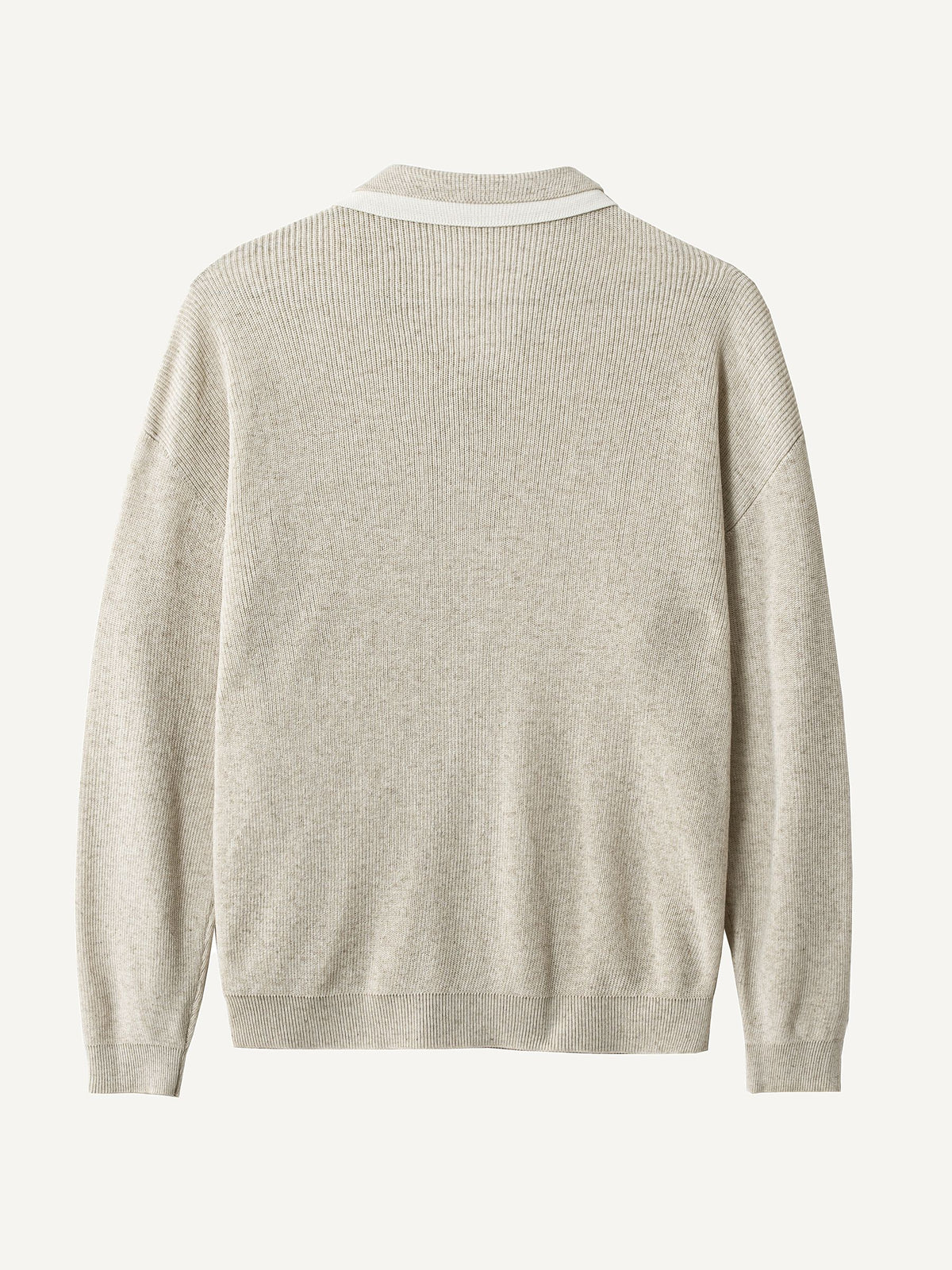 Back view of OROMEN Contrast Polo Collar Sweater Cardigan in oatmeal heather