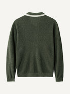 Back view of OROMEN Contrast Trim Polo Collar Knit Cardigan in heathered olive green