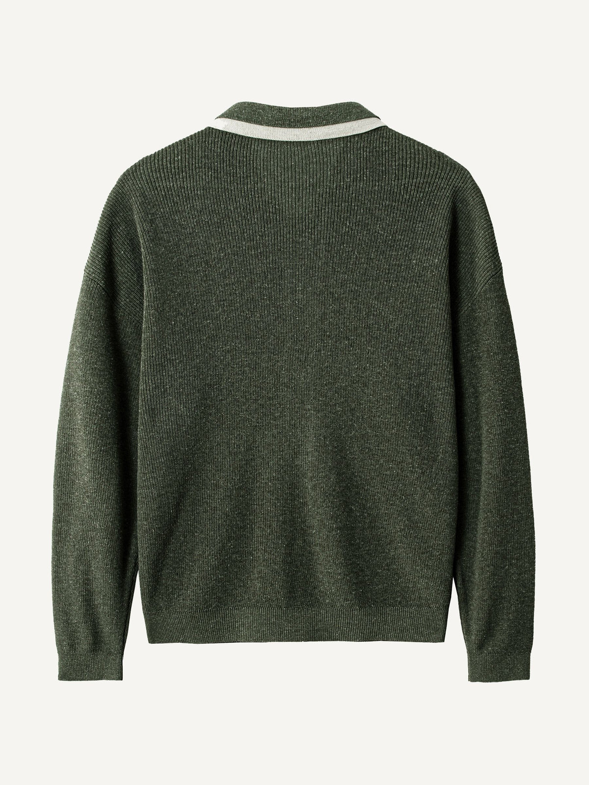 Back view of OROMEN Contrast Trim Polo Collar Knit Cardigan in heathered olive green