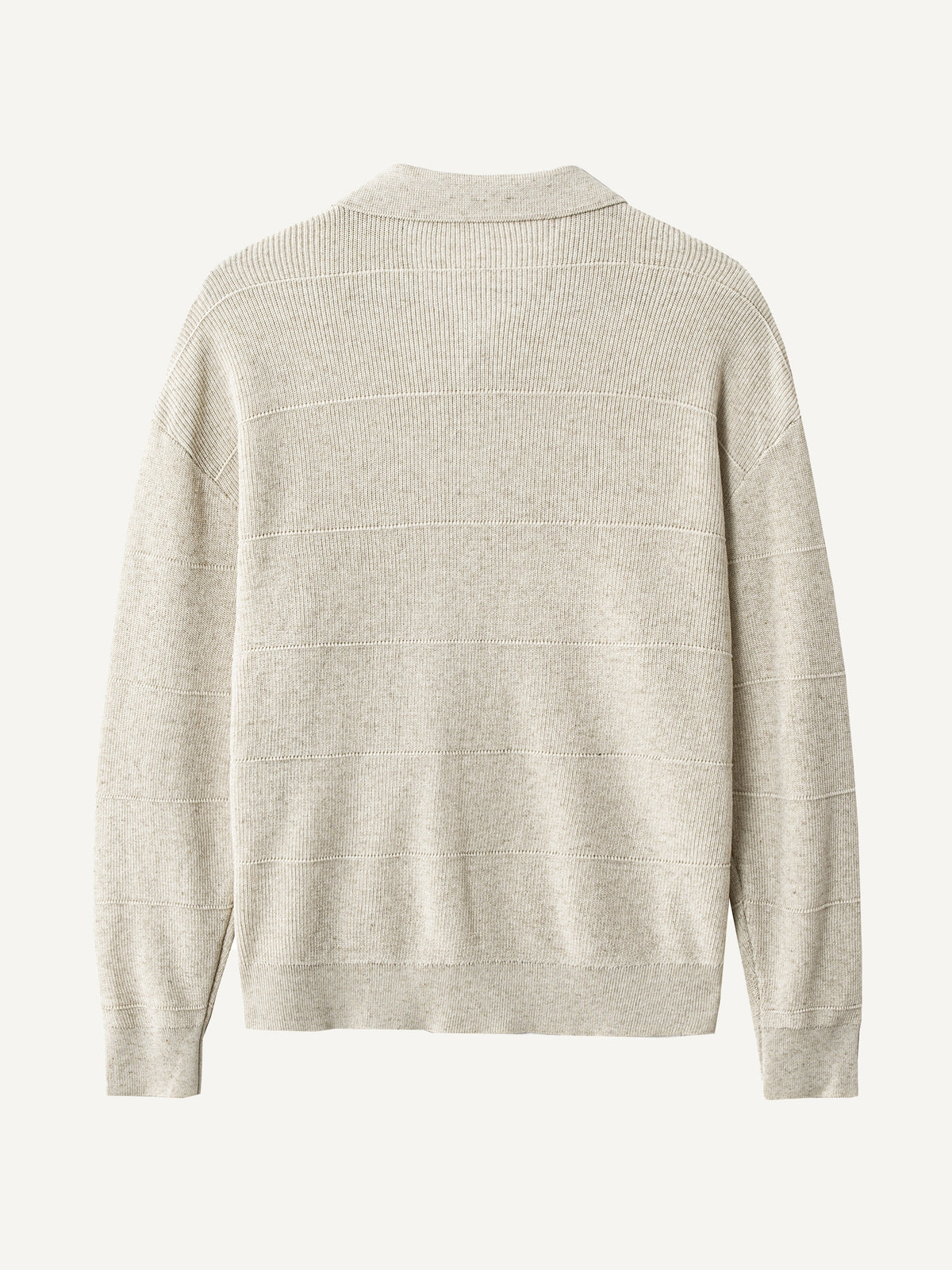 Back view of OROMEN Horizontal Textured Ribbed Polo Cardigan in oatmeal mélange
