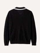 Back view of OROMEN Monochrome Contrast Trim Polo Knit Cardigan in black