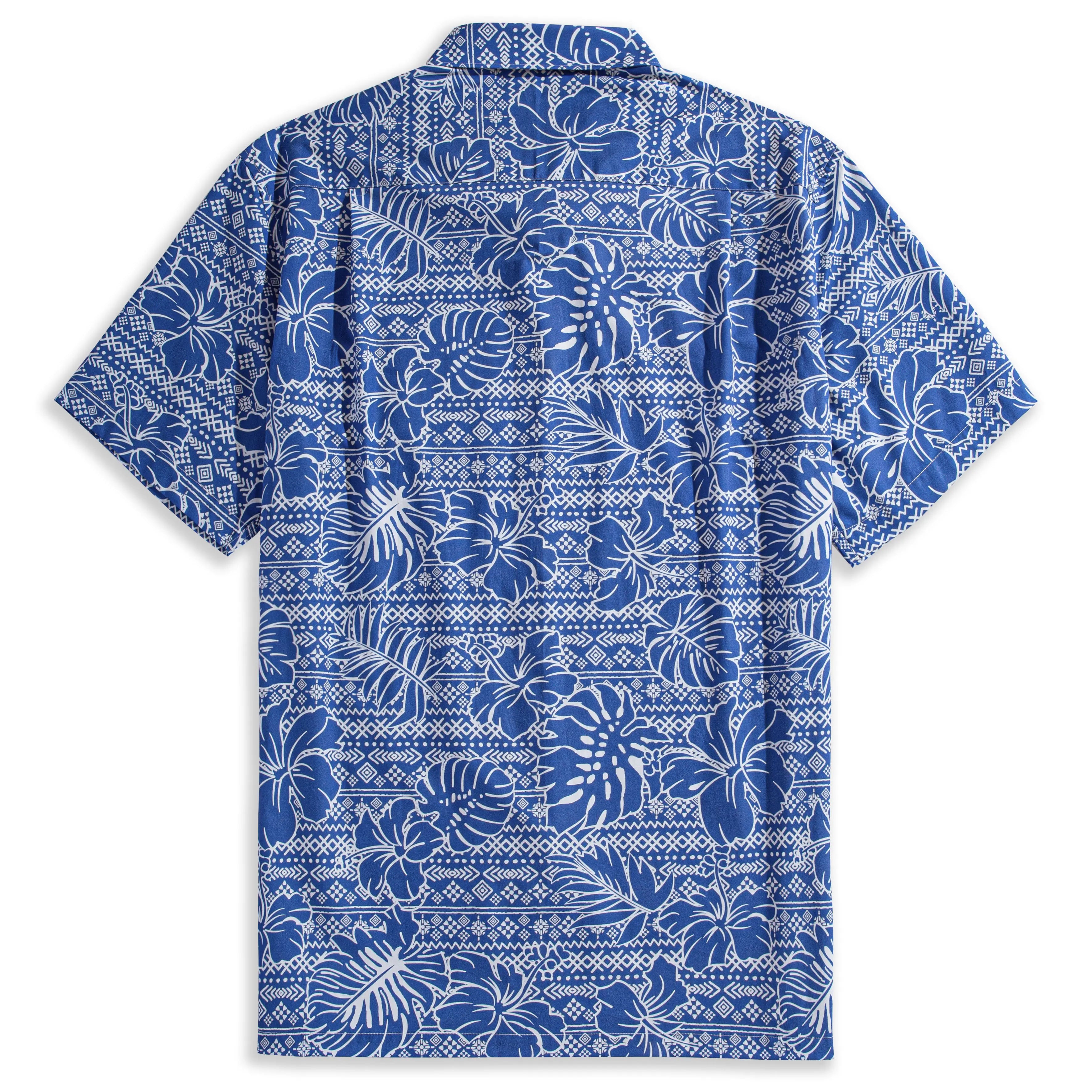 Back view of OROMEN Plant Totem Hawaiian shirt – full retro totem, hibiscus and monstera leaf print in navy blue