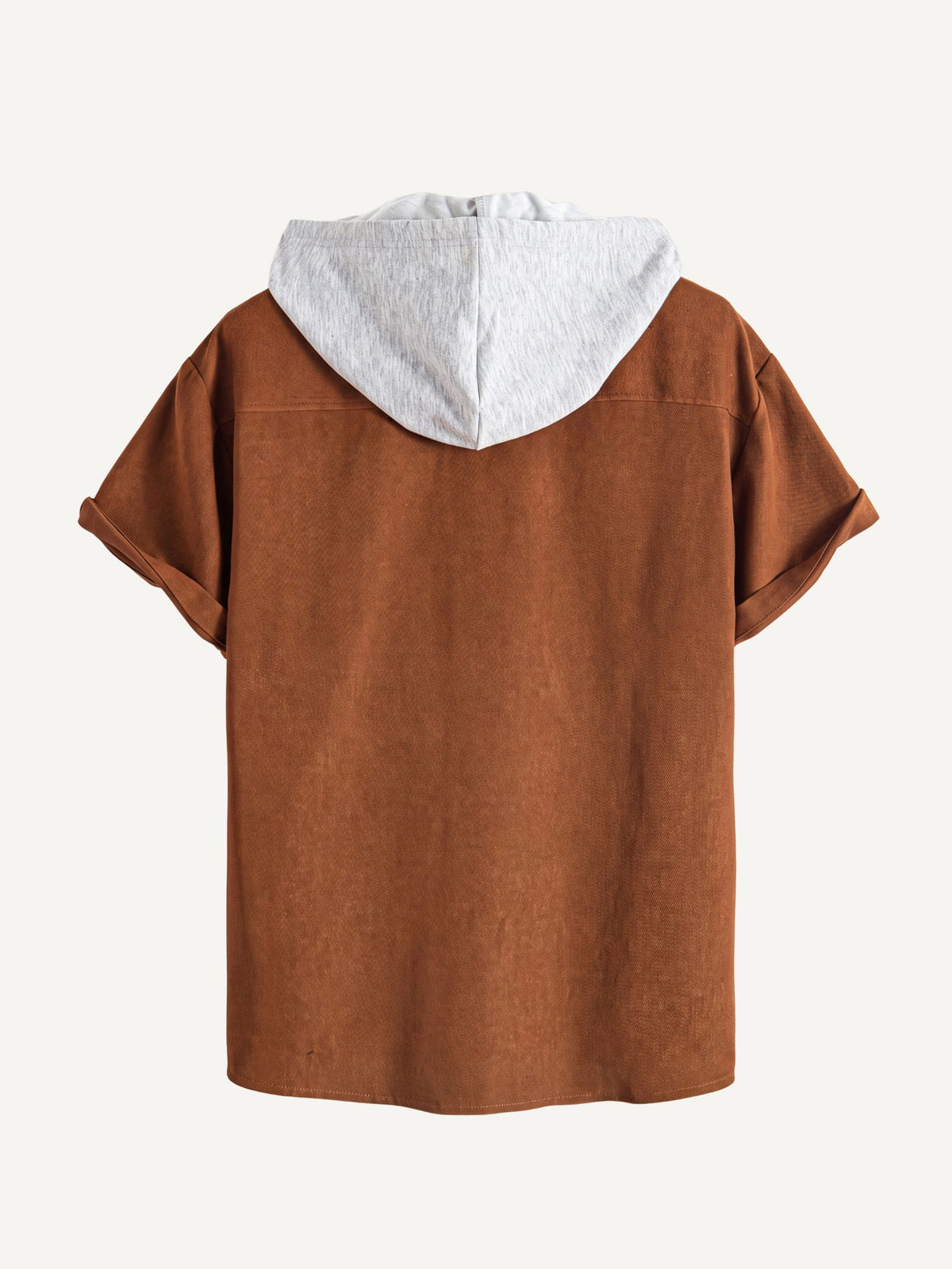 Back view of OROMEN Rust Hooded Utility Shirt showing hood
