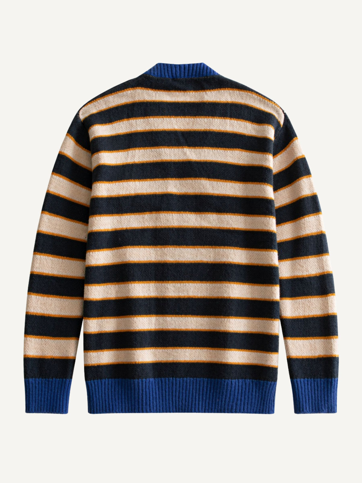 Back view of OROMEN Scrollwork Stripe Sweater Cardigan in navy blue featuring striped pattern