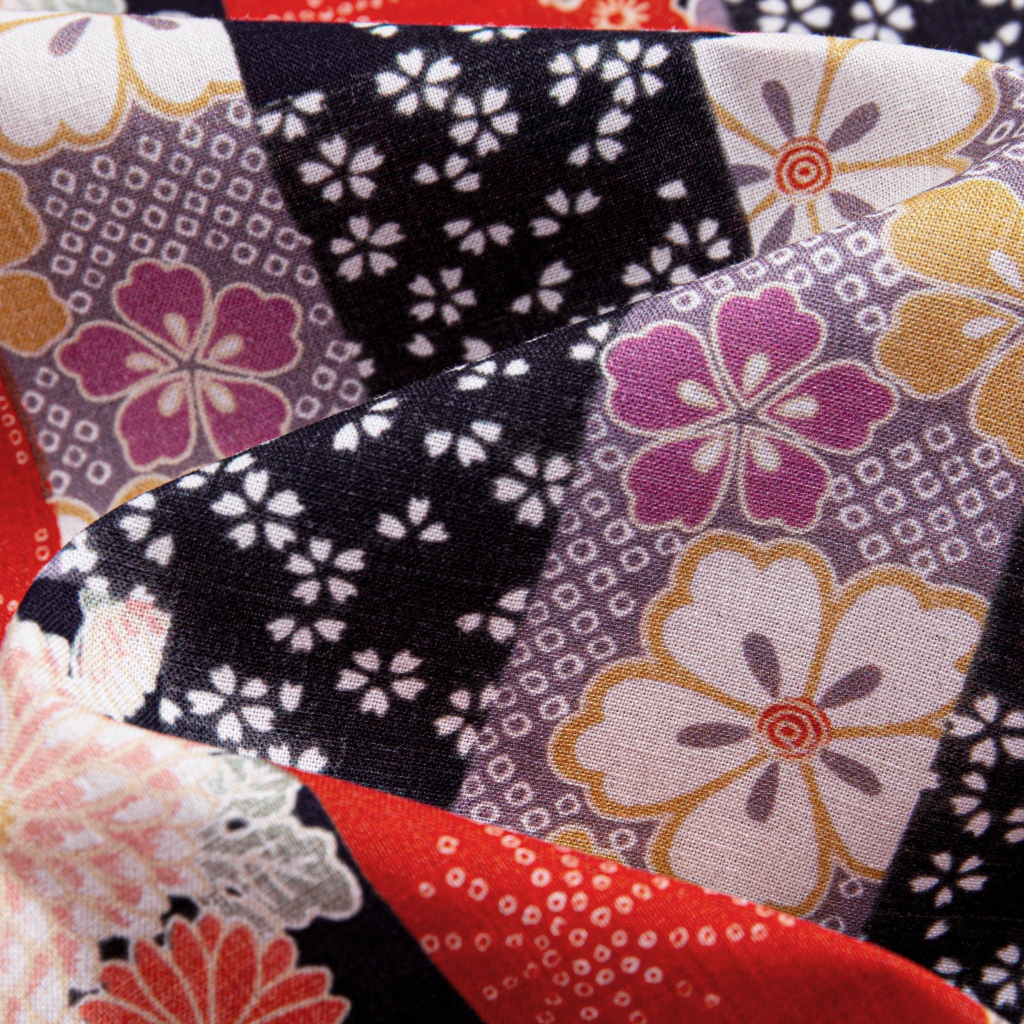 Back view showing box pleat and vintage Japanese patchwork design