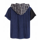 Back flat lay of OROMEN navy blue corduroy hooded shirt with black and white plaid hood and black short sleeves