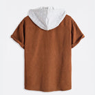 Back flat lay of OROMEN rust brown hooded short-sleeve shirt with heather grey contrast hood