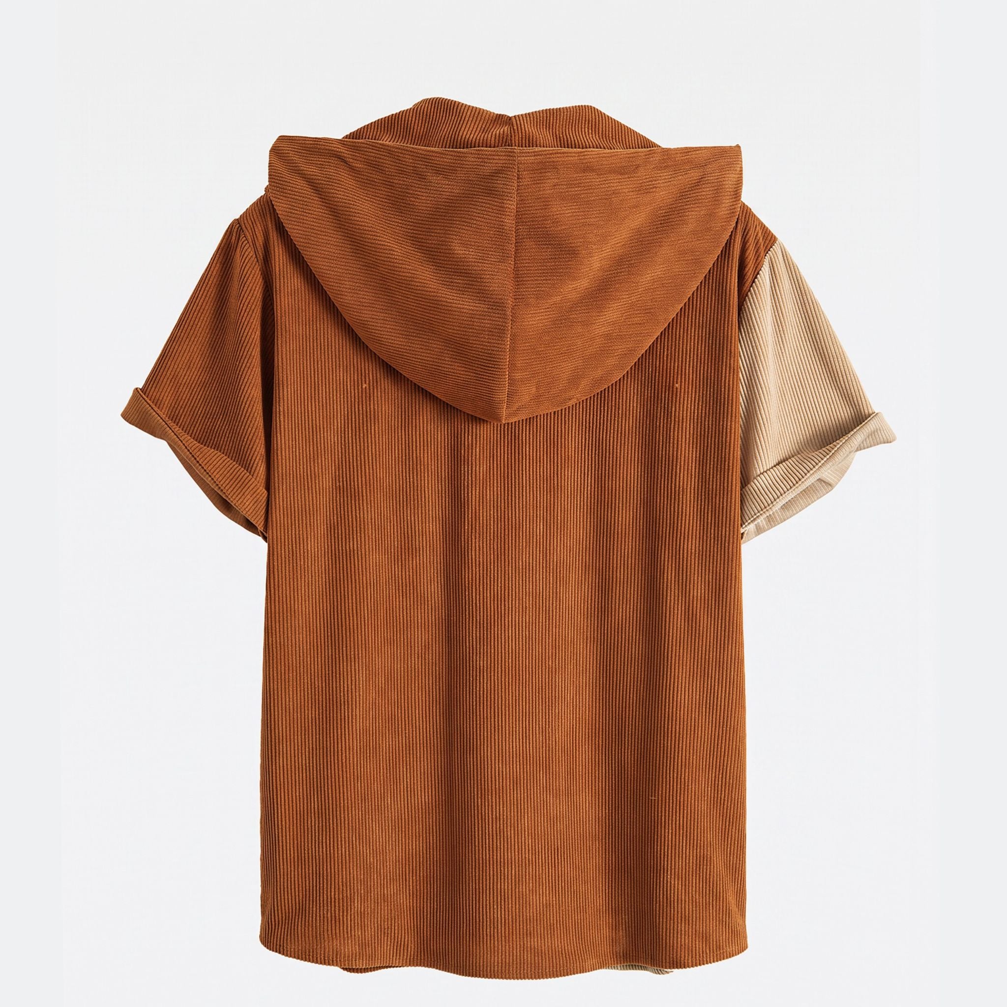 Back flat lay of OROMEN two-tone corduroy hooded shirt in rust and beige with short sleeves