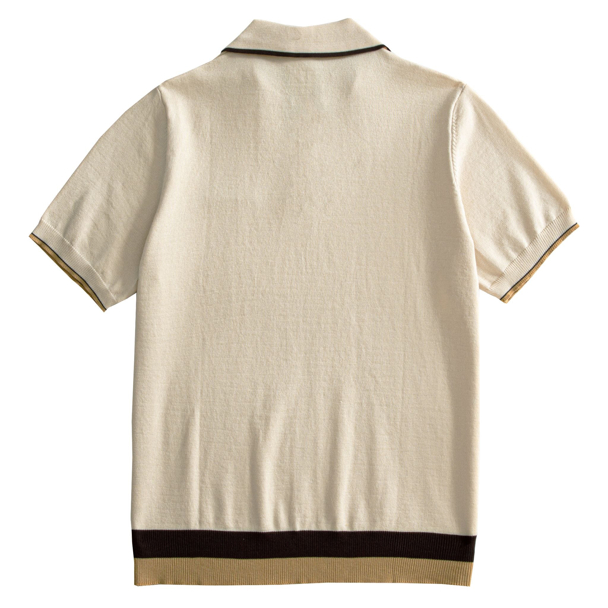 Back flat lay of men's cream retro contrast tipping knit polo shirt on white background – OROMEN