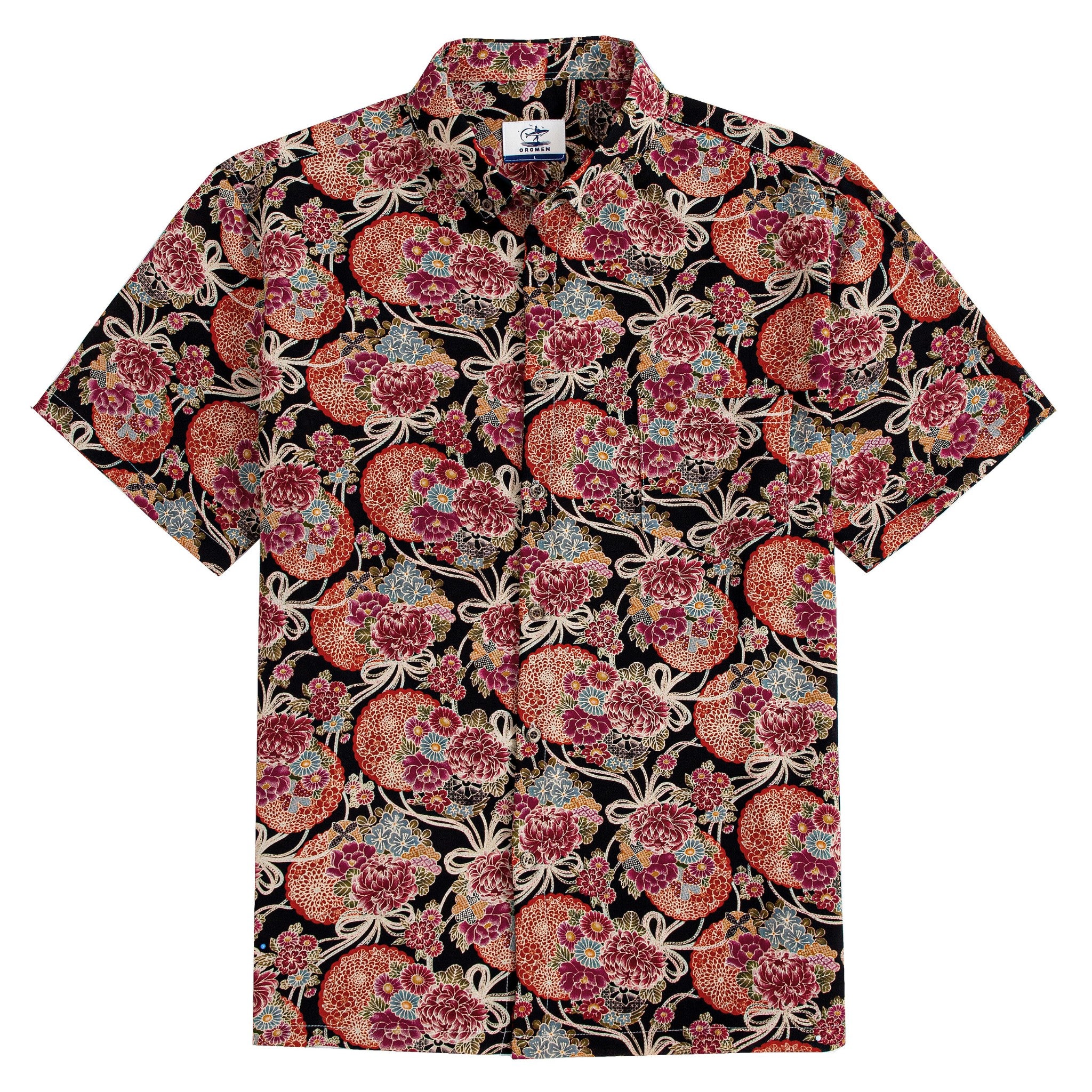 Black chrysanthemum and peony print Japanese Ukiyo-e cotton shirt by OROMEN