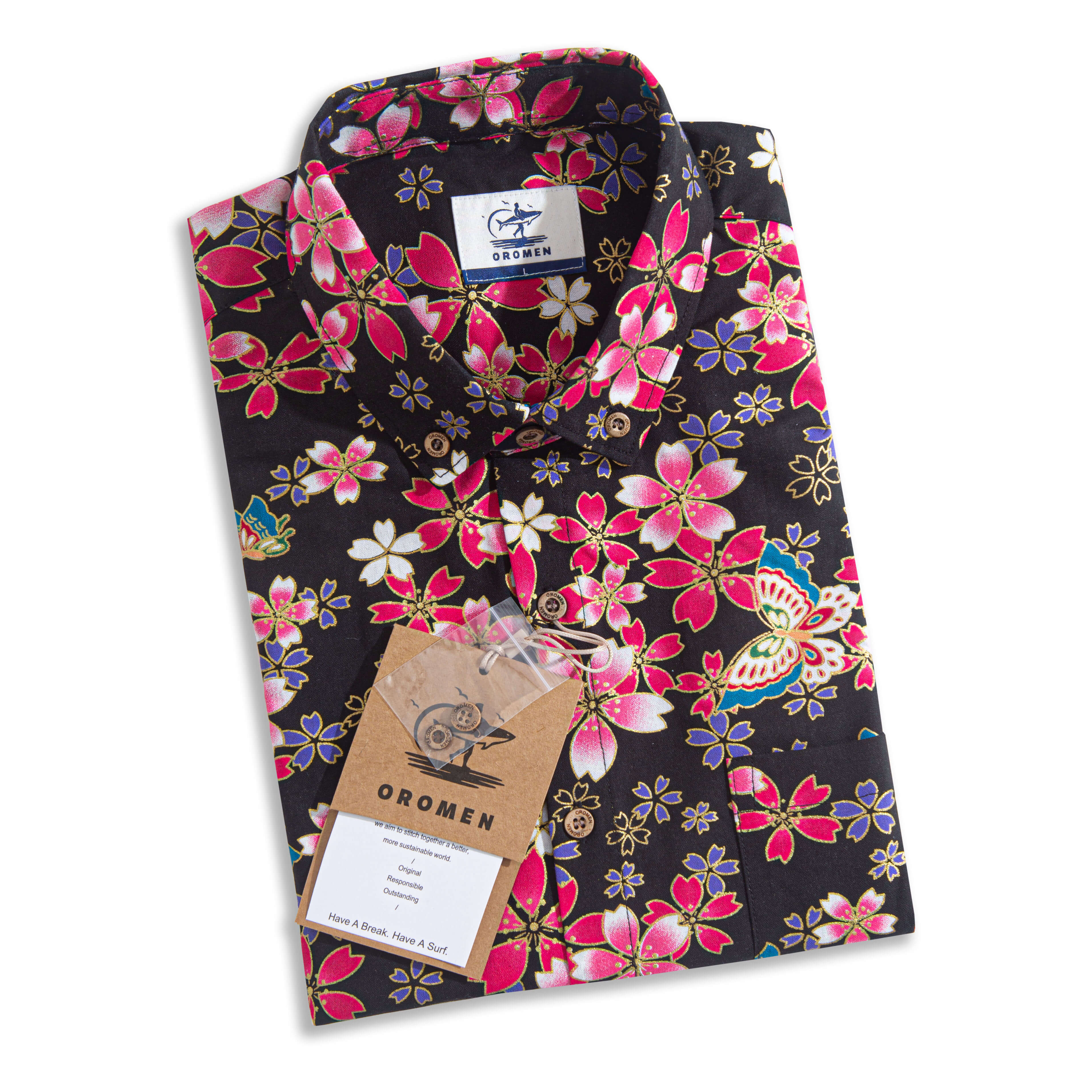 Black pink sakura aloha shirt detail - hand-painted Japanese cherry blossom print