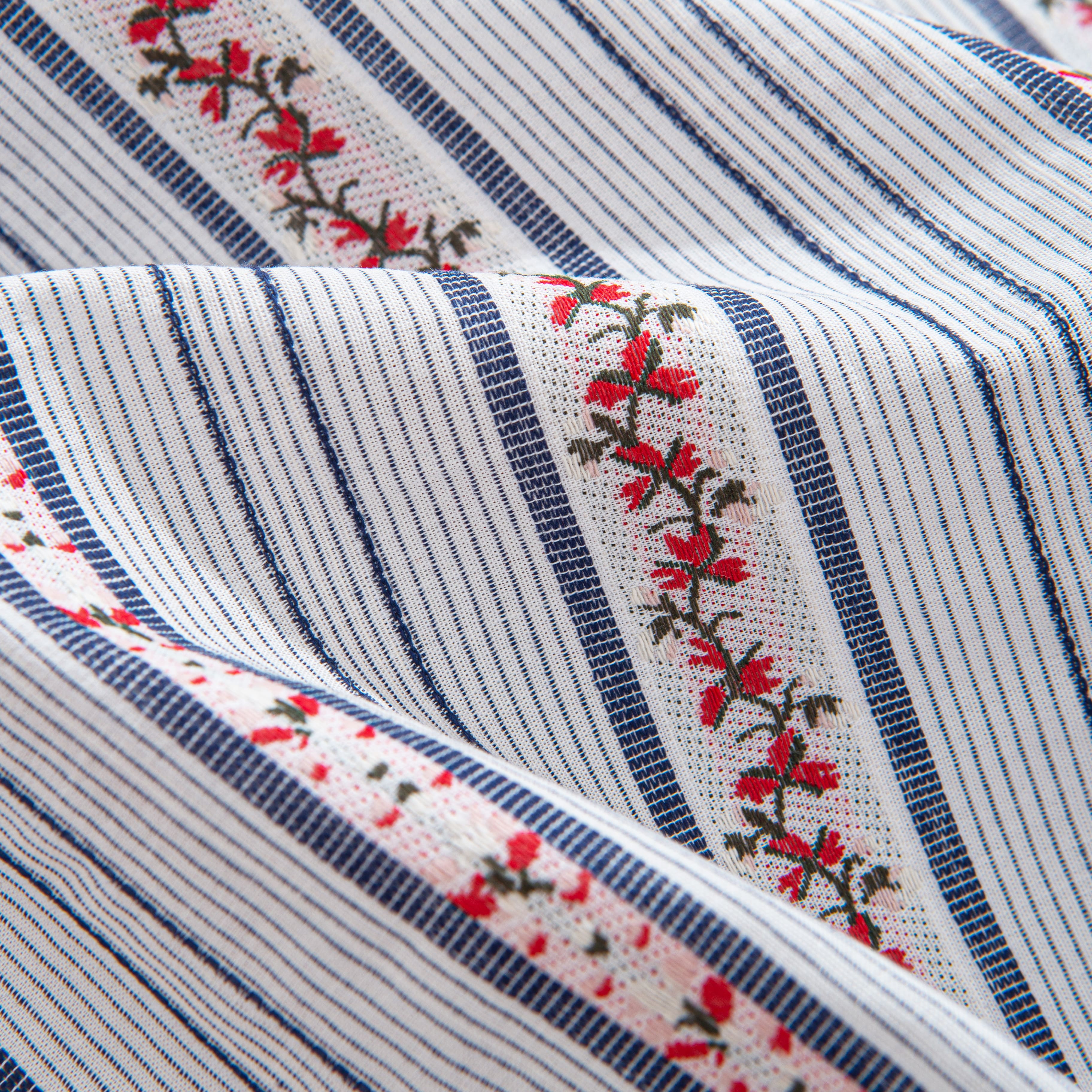 Blue embroidered floral striped button-down shirt with Japanese-inspired design