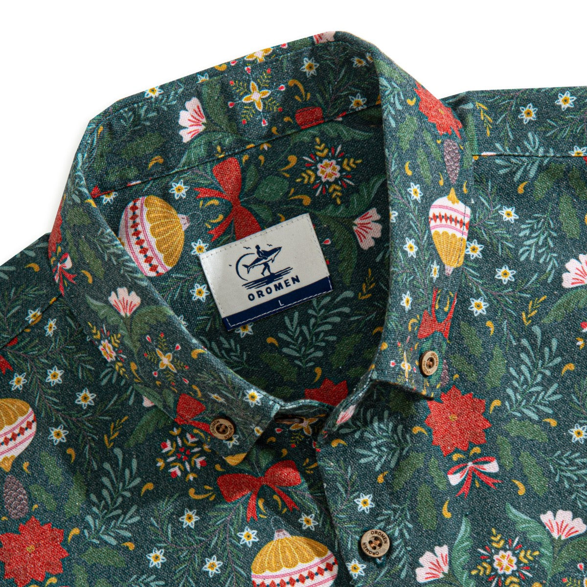 Button-Down Collar Detail – OROMEN Christmas Ambiance Patchwork Shirt