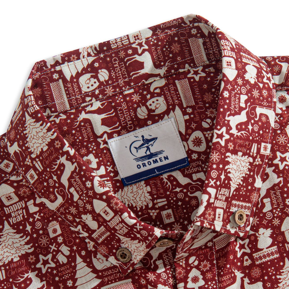 Button-Down Collar Detail – OROMEN Fantasy Christmas Patchwork Shirt