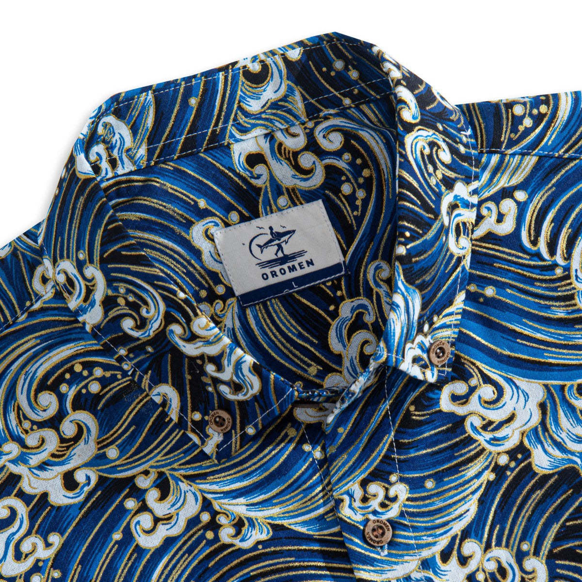 Button-Down Collar Detail – OROMEN Rolling Waves Aloha Shirt