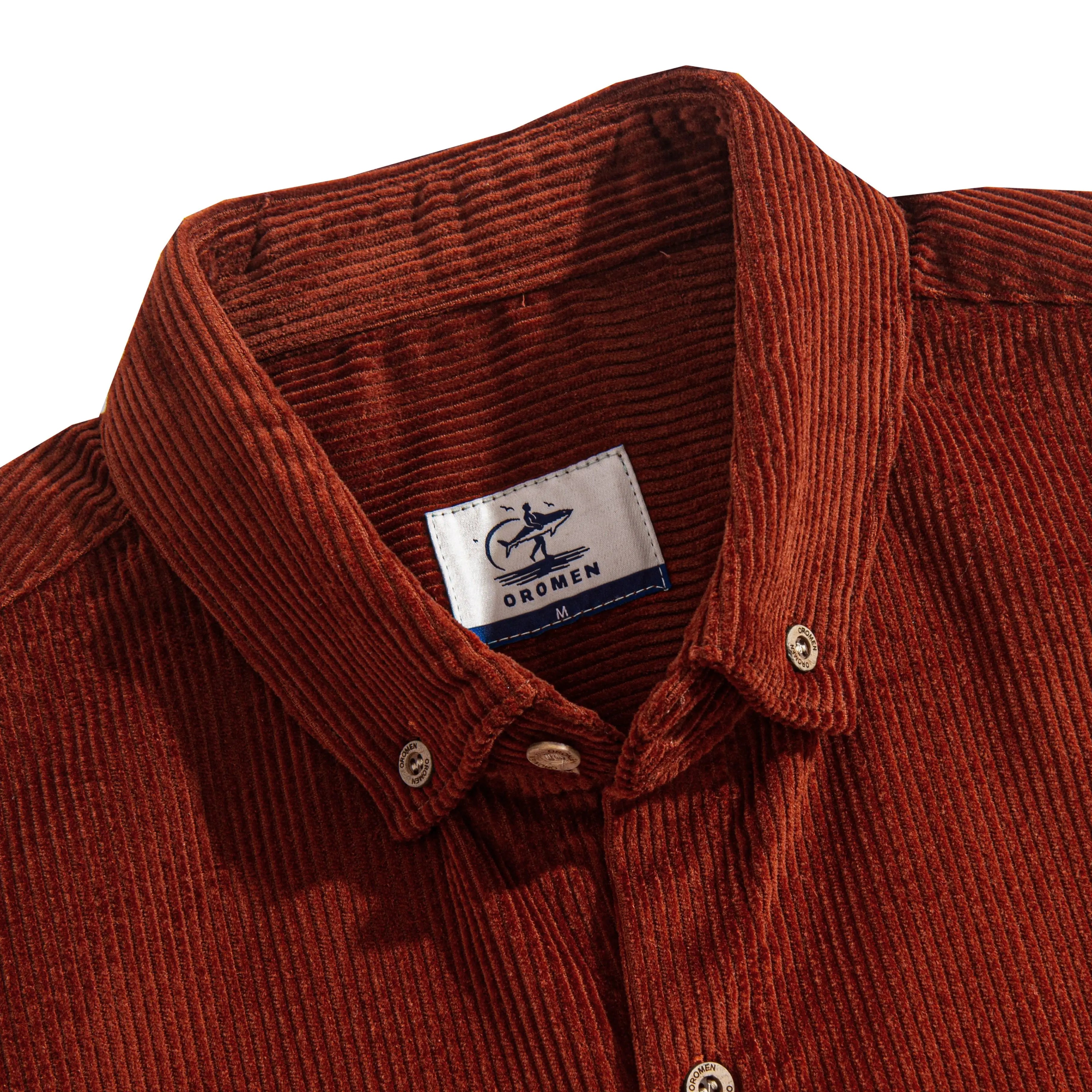 Button-Down Collar Detail on OROMEN Vintage Burgundy 100% Cotton Corduroy Shirt