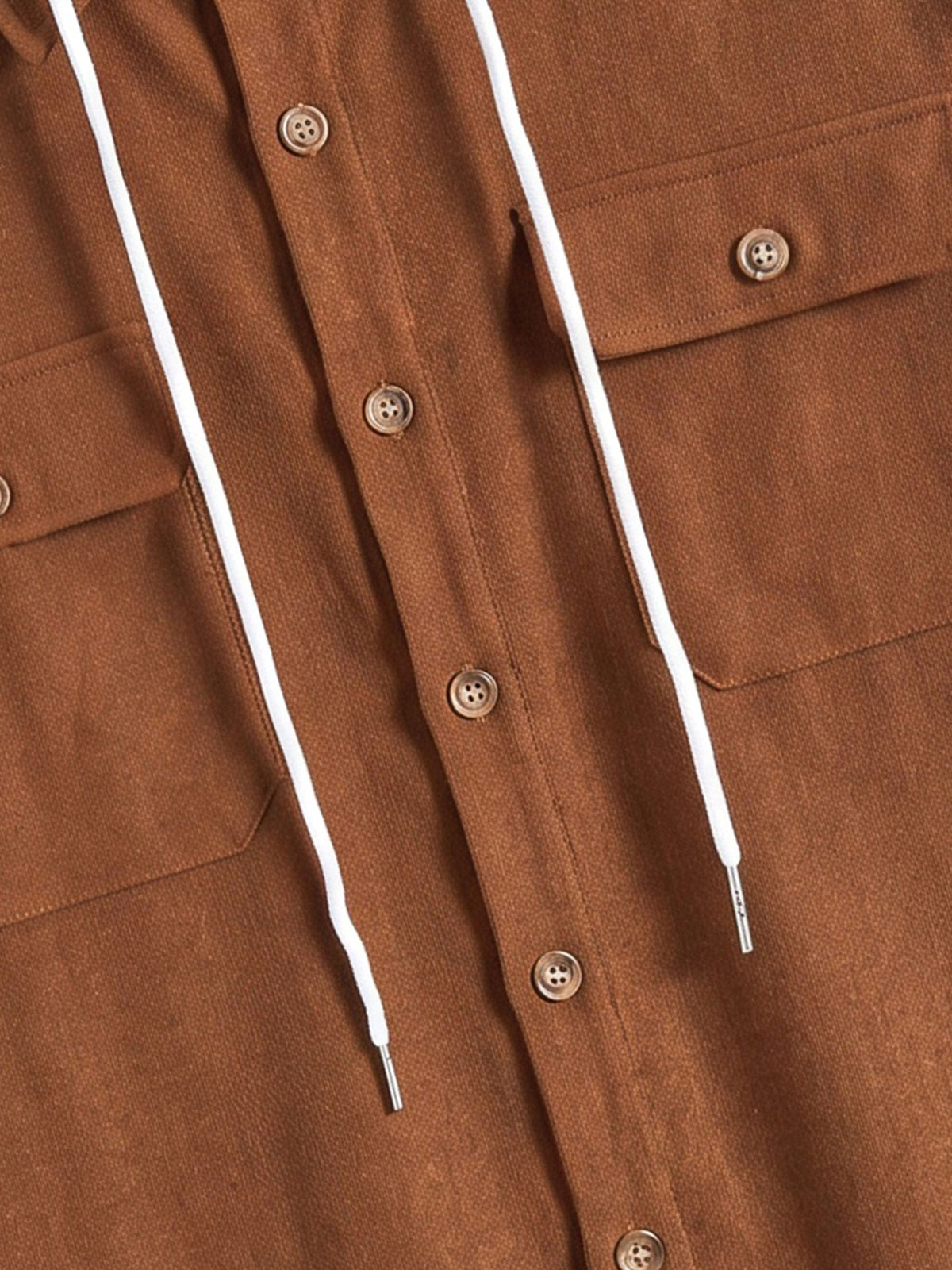 Button closure and front placket detail on OROMEN Rust Hooded Utility Shirt