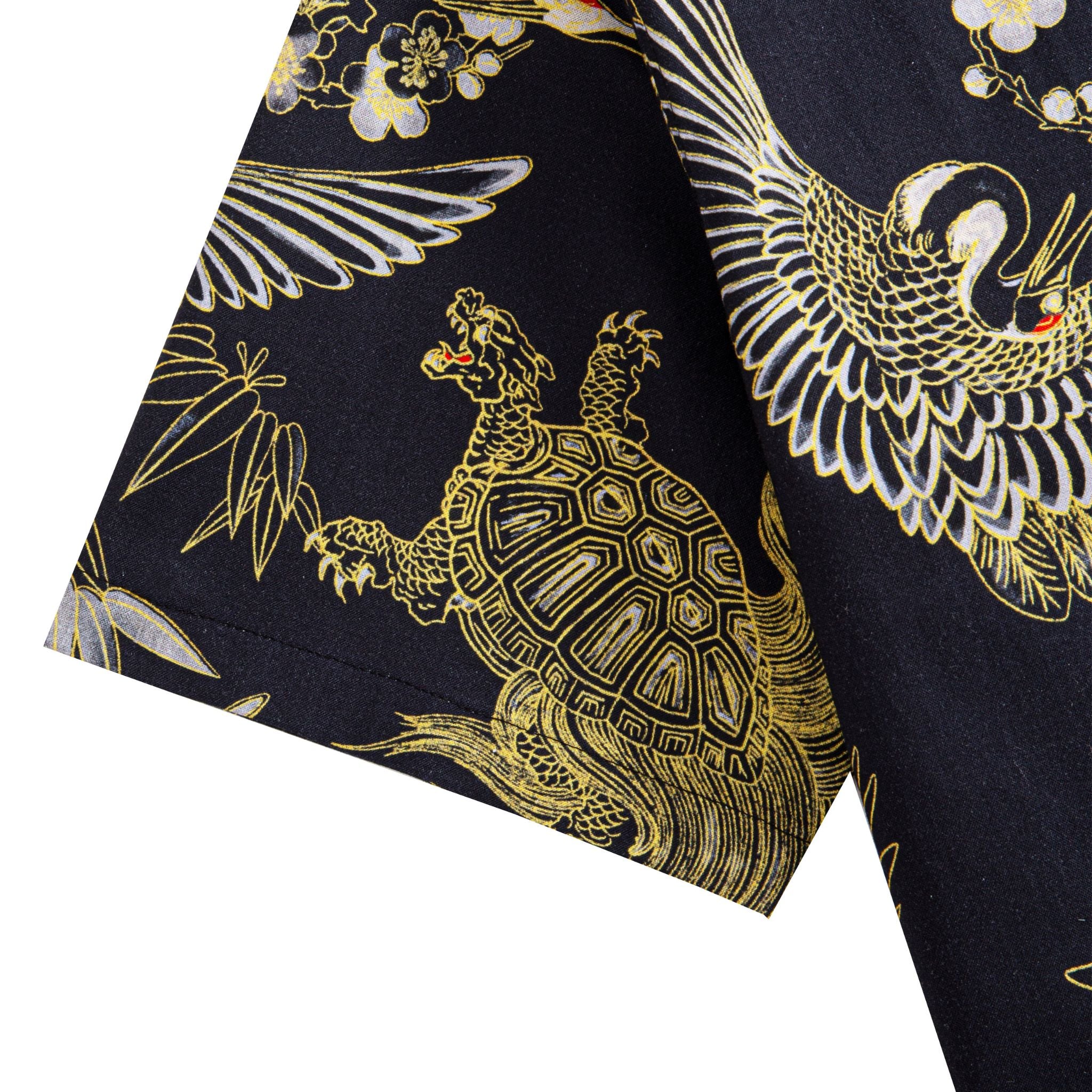 OROMEN Men's Japanese Crane Hawaiian Shirt - Black Gold Ukiyo-e