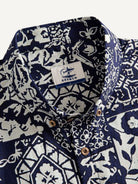 Button-down collar and neckline detail of OROMEN Indigo Katazome Shirt