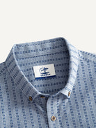 Button-down collar and neckline detail of OROMEN Sashiko Chambray Cotton Shirt