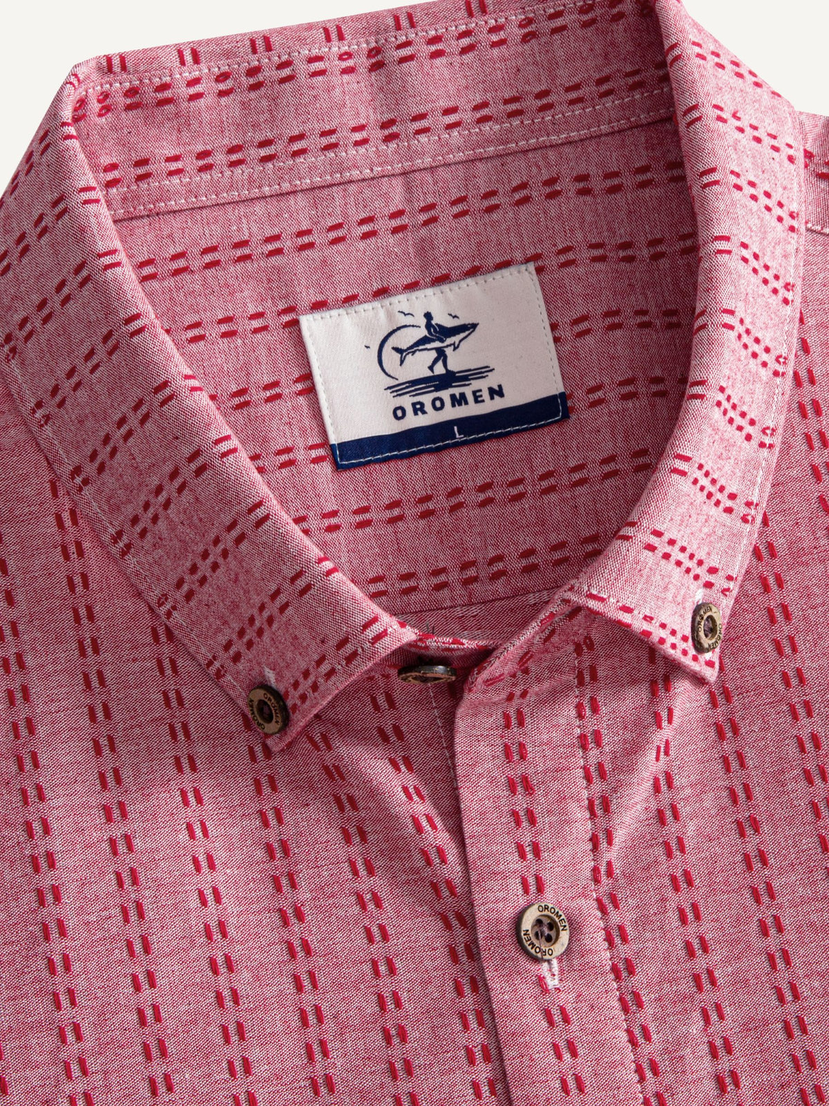Button-down collar and neckline detail of OROMEN Sashiko Coral Cotton Shirt