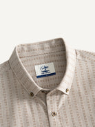 Button-down collar and neckline detail of OROMEN Sashiko Stripe Cotton Shirt