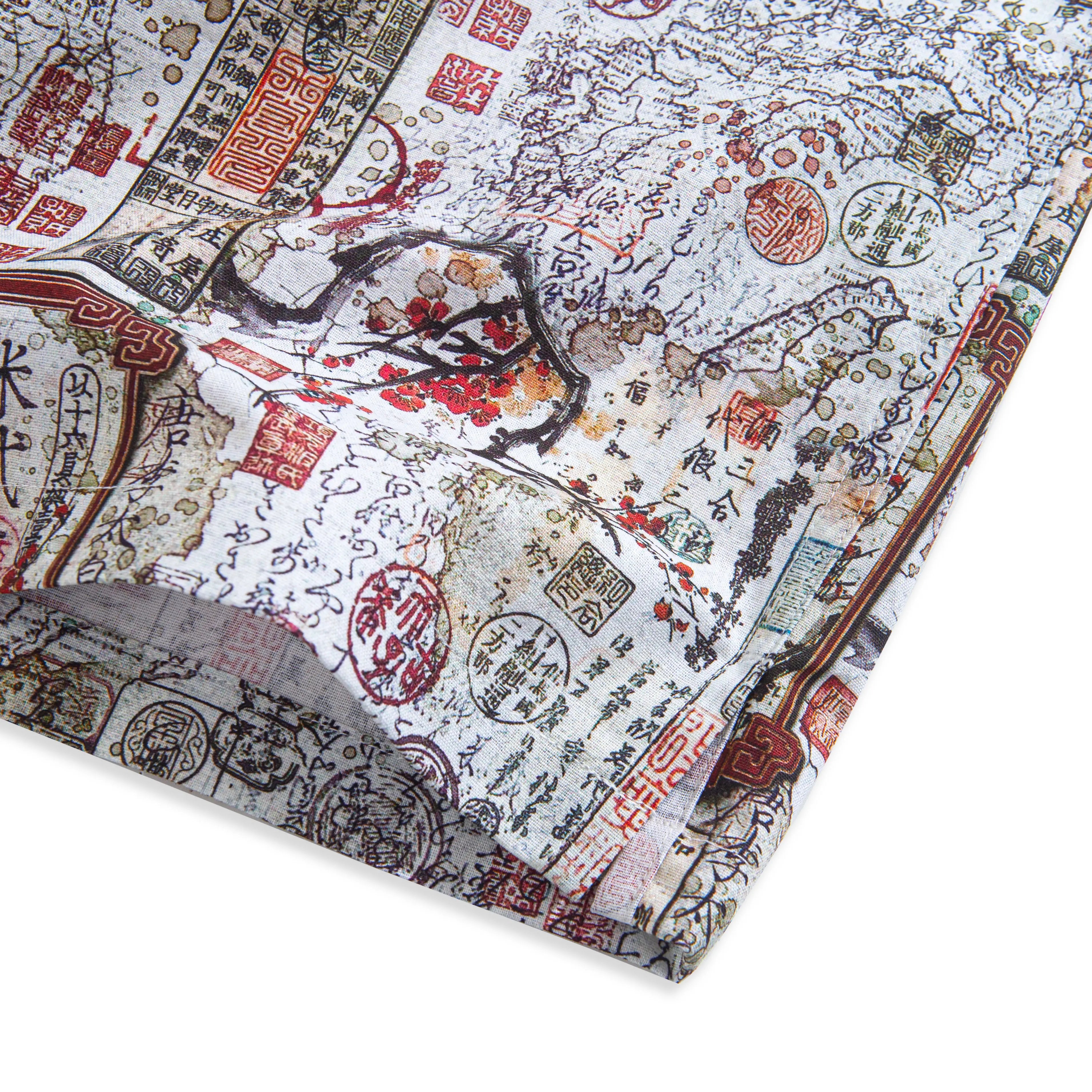 Button-down collar detail of Japanese ukiyo-e inspired aloha shirt