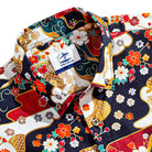 Button-down collar detail on Fireworks Bloom Japanese Ukiyo-e shirt with coconut buttons