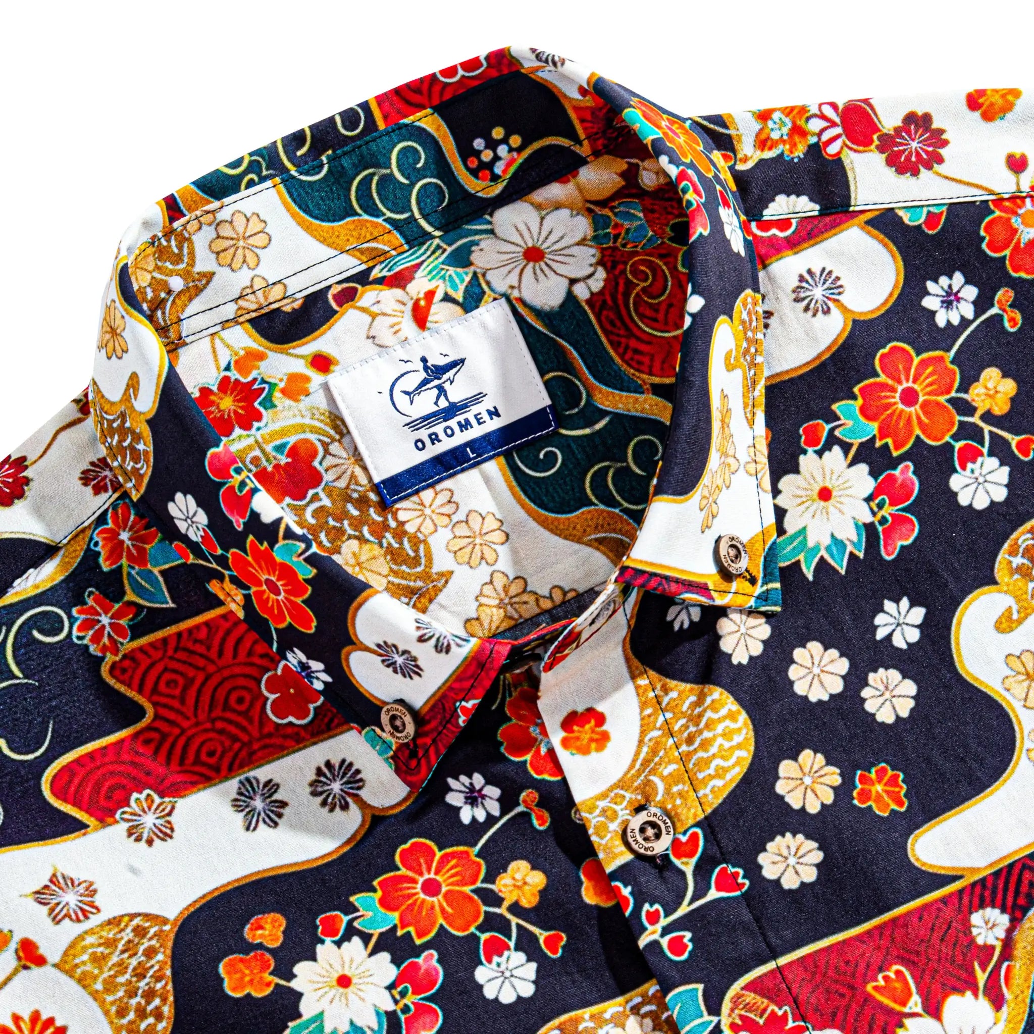 Button-down collar detail on Fireworks Bloom Japanese Ukiyo-e shirt with coconut buttons