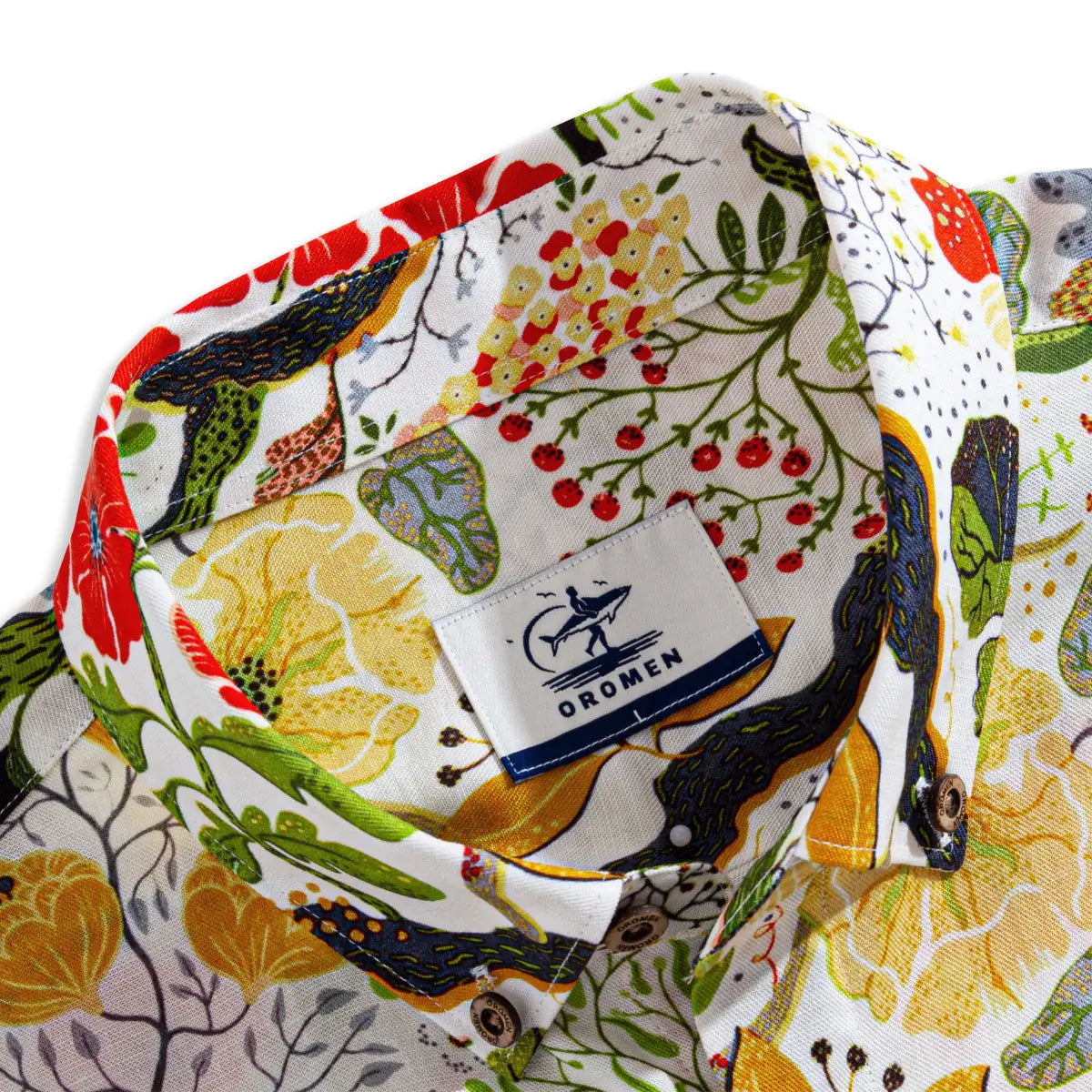 Button-down collar detail on Germination shirt with hand-painted botanical print