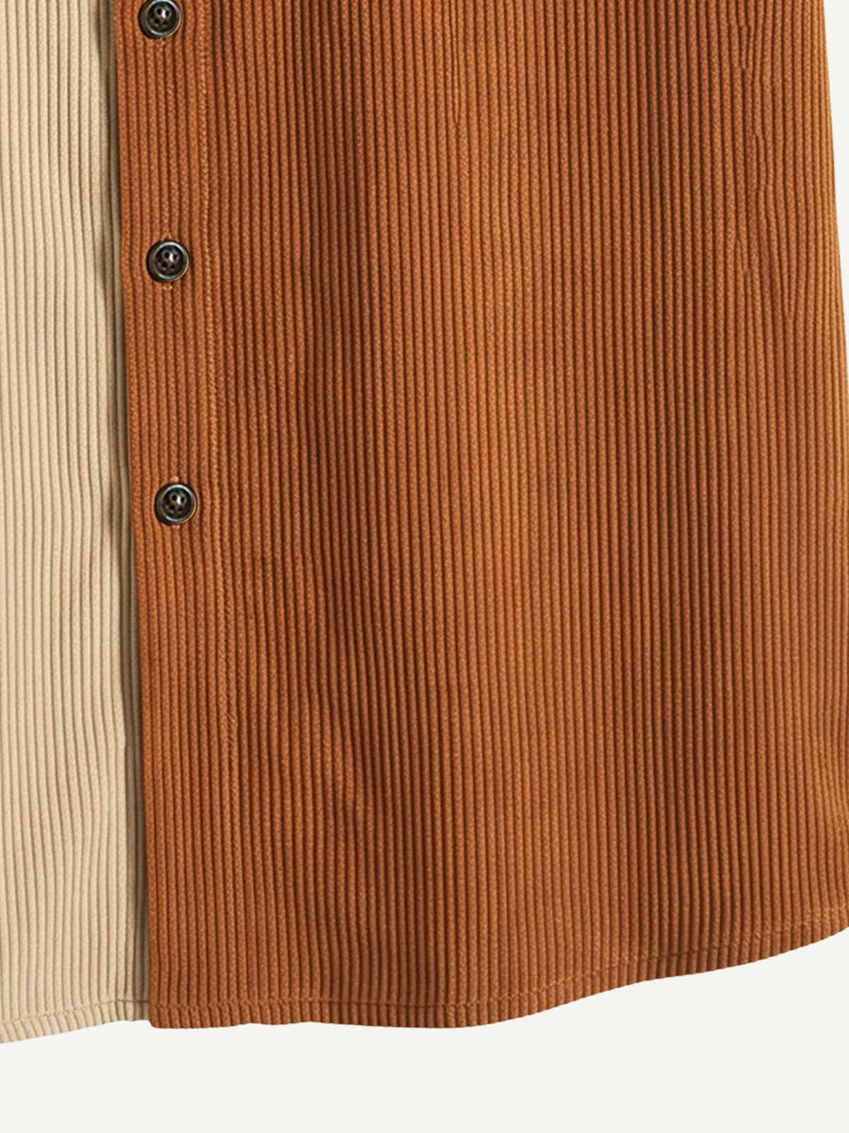 Button placket and bottom hemline detail on OROMEN Canyon Corduroy Hooded Shirt