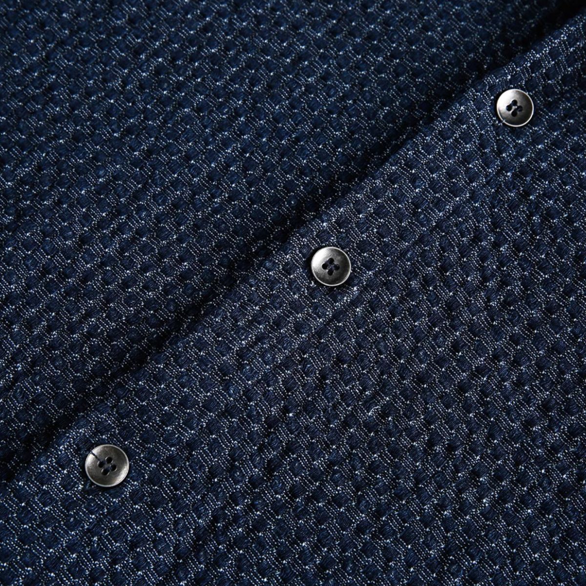 Button placket detail of OROMEN OROAW042 Checkered Jacquard Shirt, navy jacquard fabric, clean button finish, Japanese artisan quality
