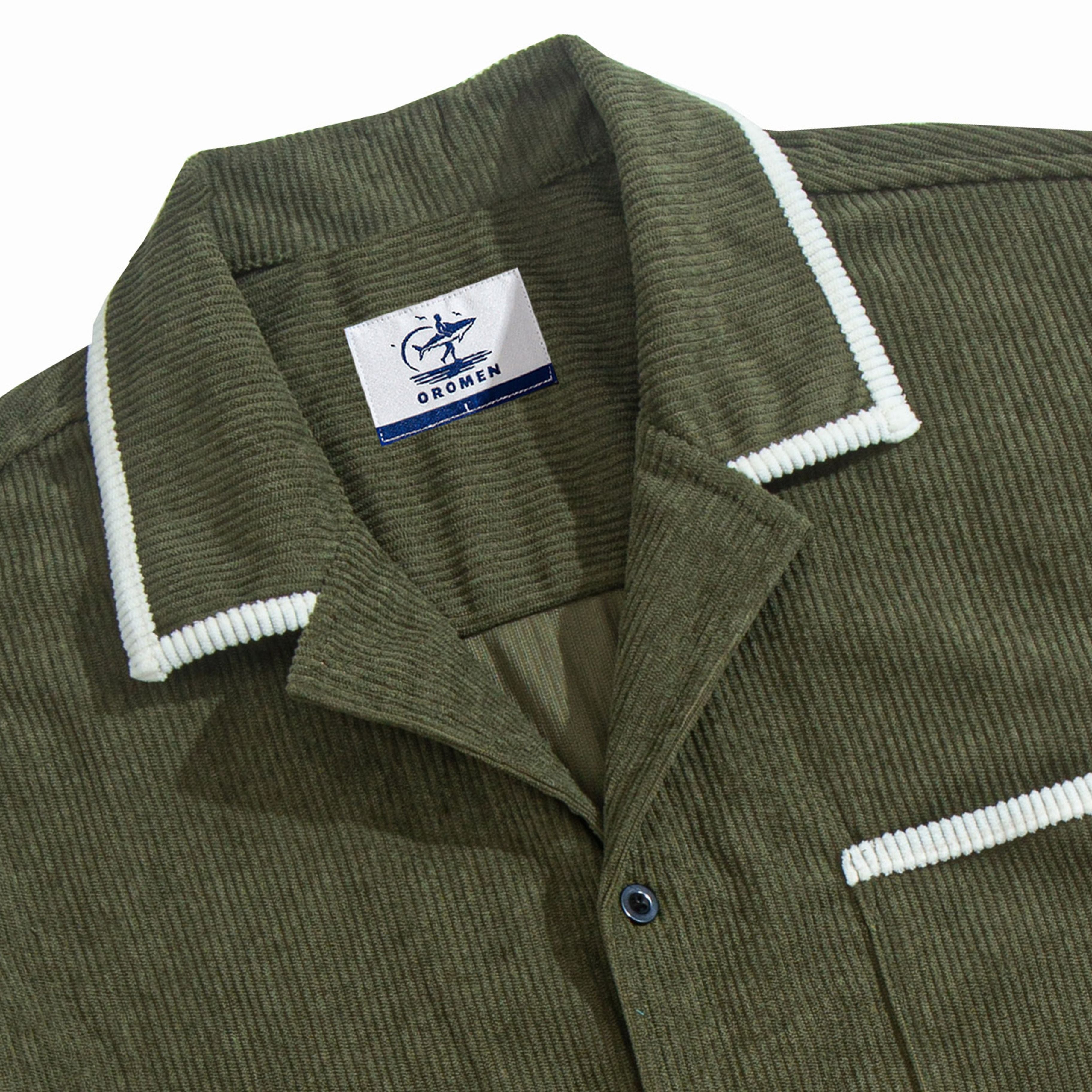  Camp Collar & Contrast Trim Detail – OROMEN Corduroy Shirt