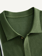 Camp collar and button placket detail on OROMEN Marcel Striped Knit Polo