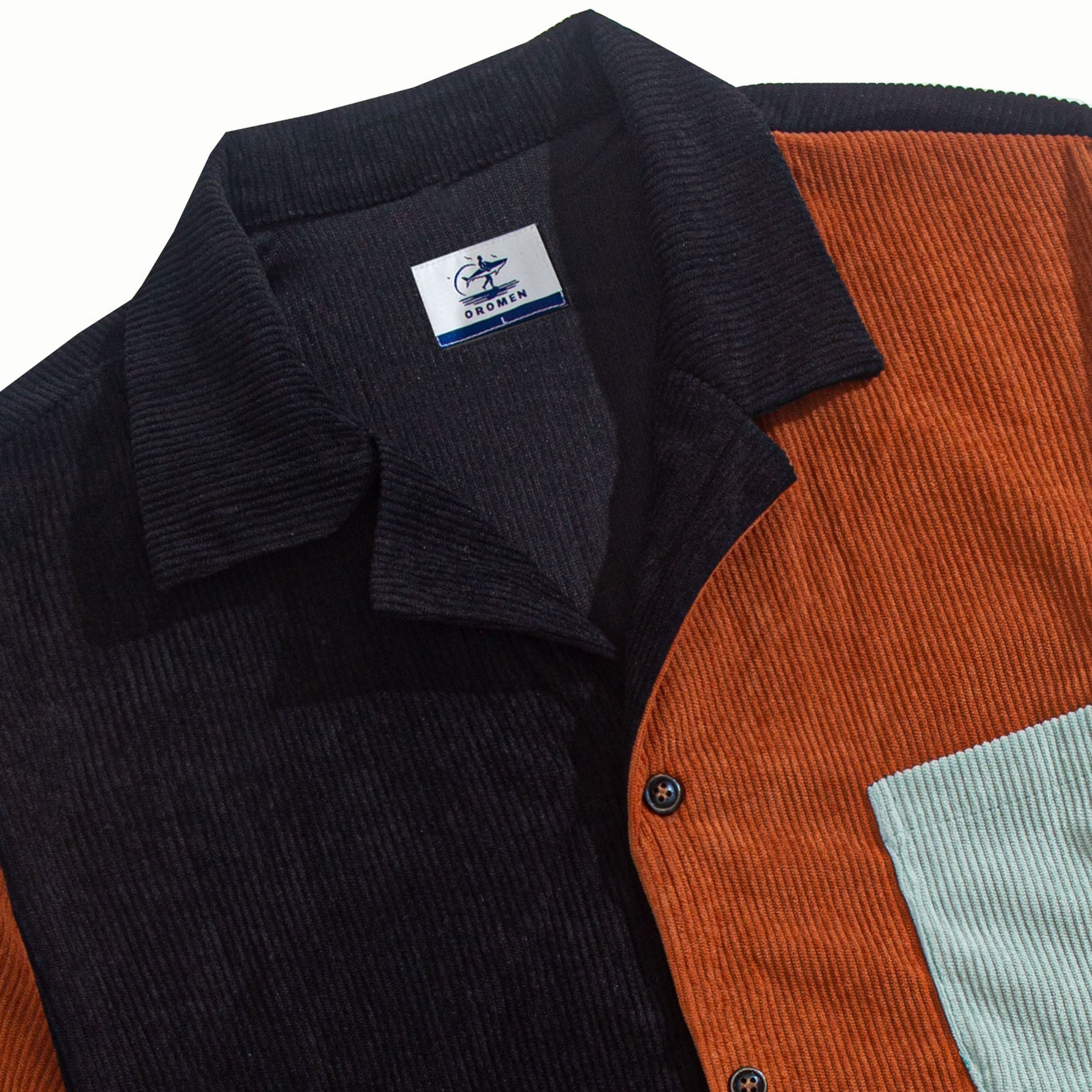 Camp Collar Detail – OROMEN Contrast Corduroy Patchwork Shirt