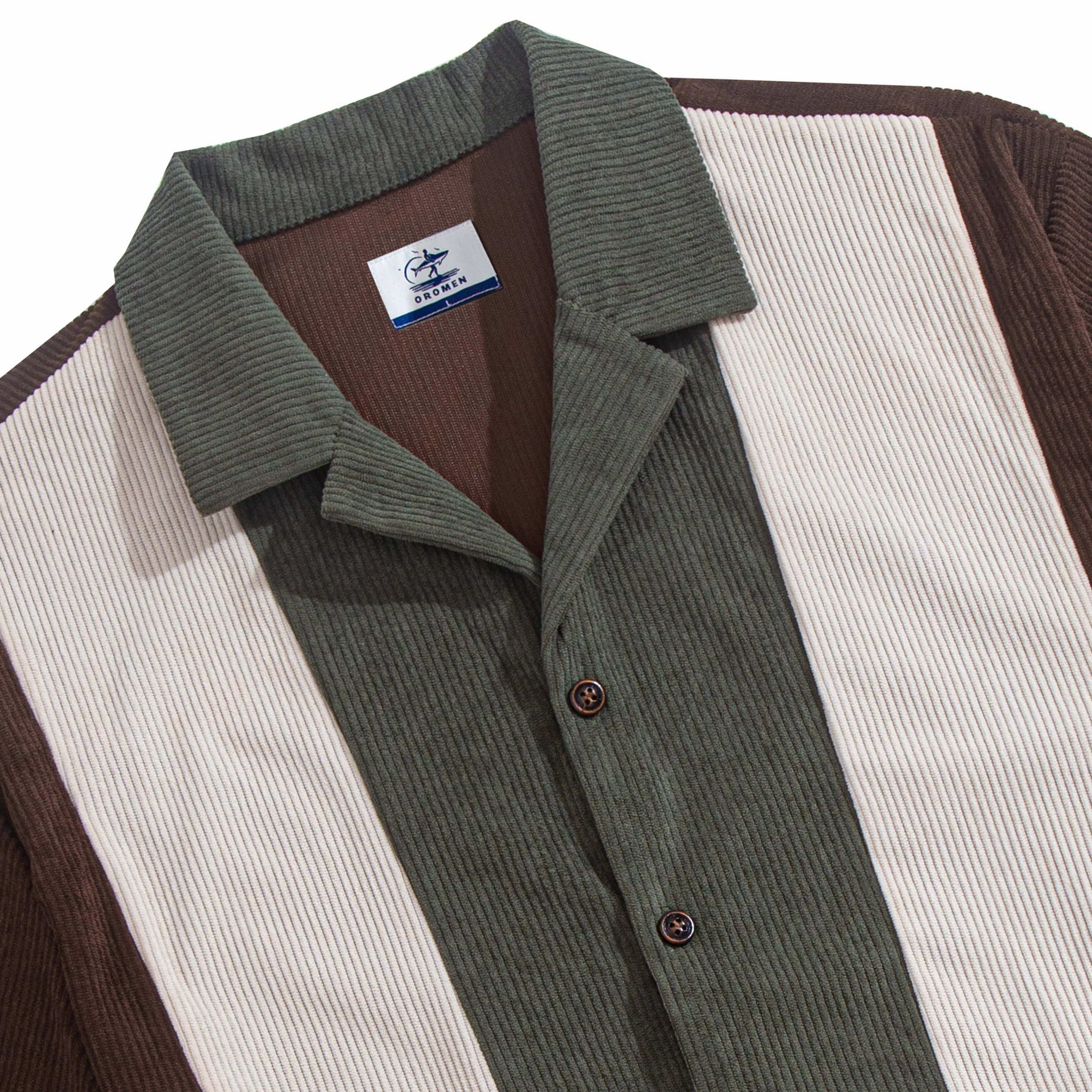 Camp Collar Detail – OROMEN Retro Three-Tone Corduroy Shirt