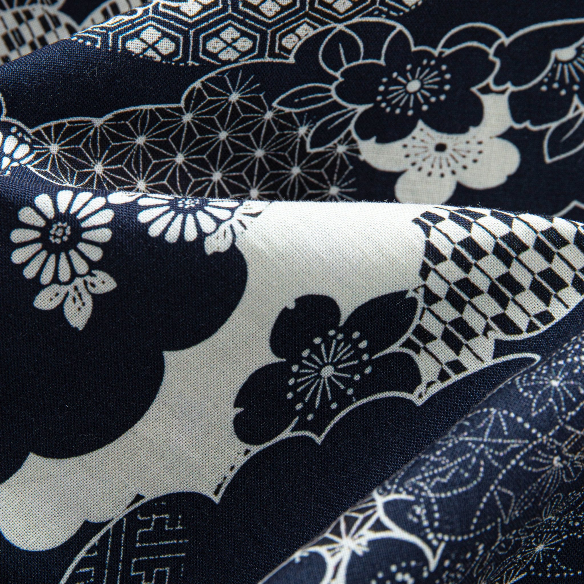 Close-up detail of OROMEN Seigaiha Asanoha Sakura Japanese pattern shirt fabric