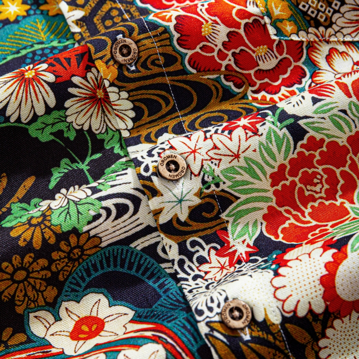 Close-up of Japanese garden ukiyoe print on cotton shirt